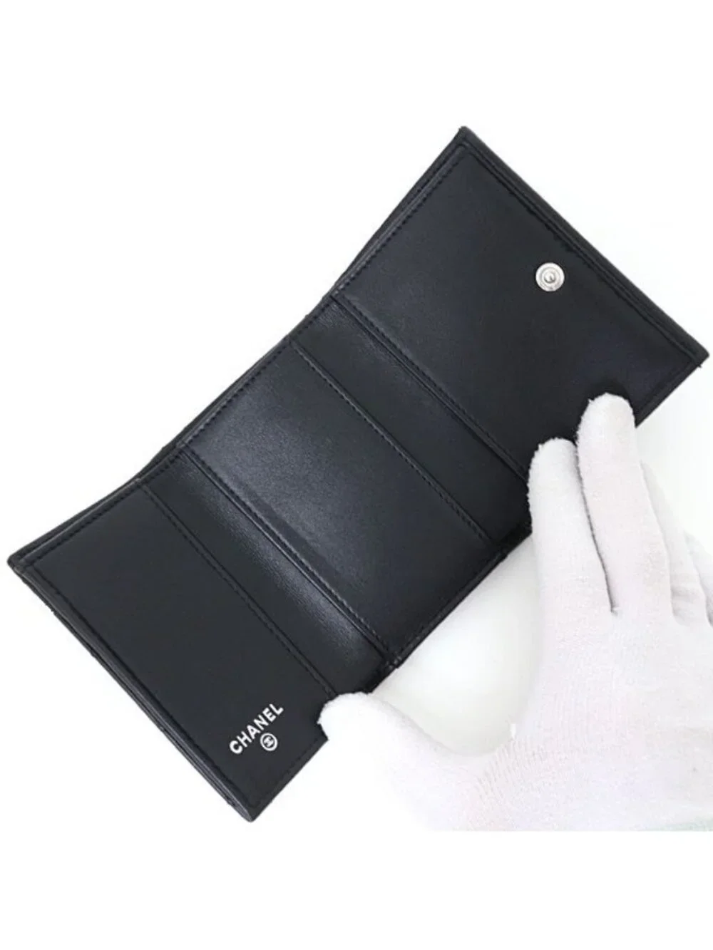 Chanel Compact Wallet Trifold Quilted Leather Black &silver
